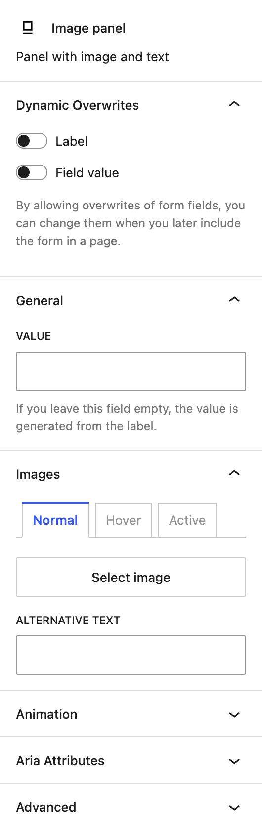 Screenshot of the settings tab of an individual image panel, explained in the following paragraphs.