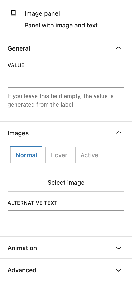 Screenshot of the settings tab of an individual image panel, explained in the following paragraphs.