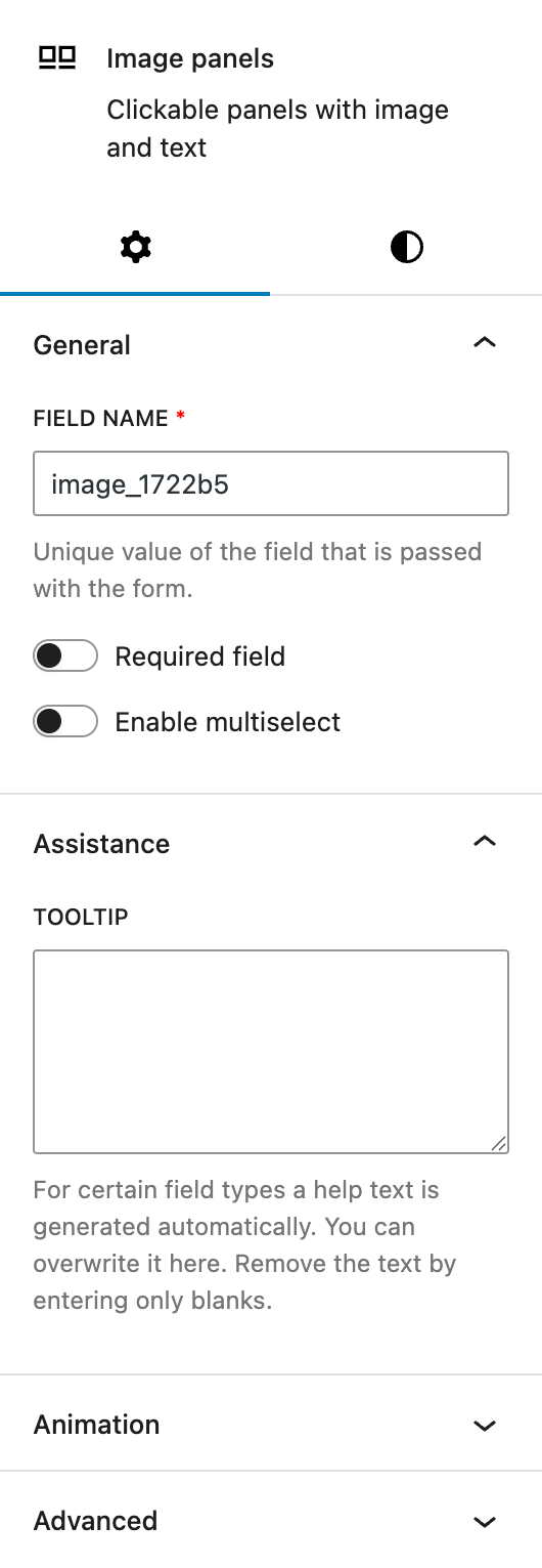 Screenshot of the Settings tab of the Image panels block, explained in the following paragraphs.