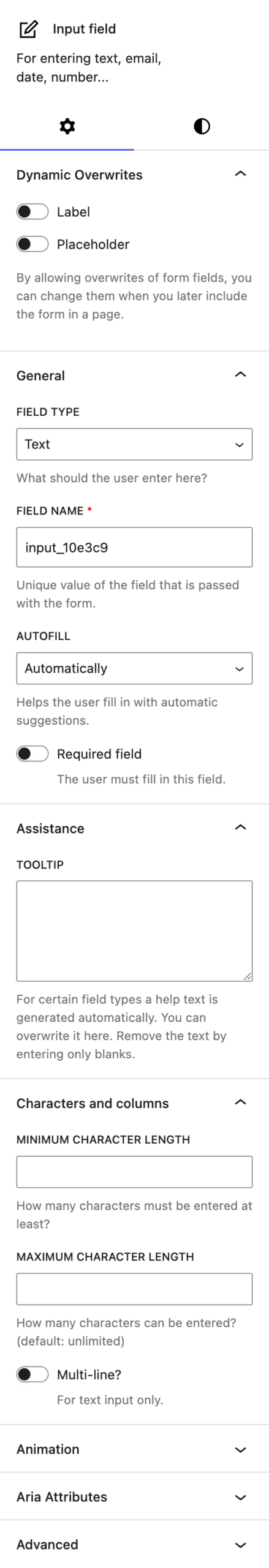 Screenshot of the Input field block Settings tab, explained in the following paragraphs.