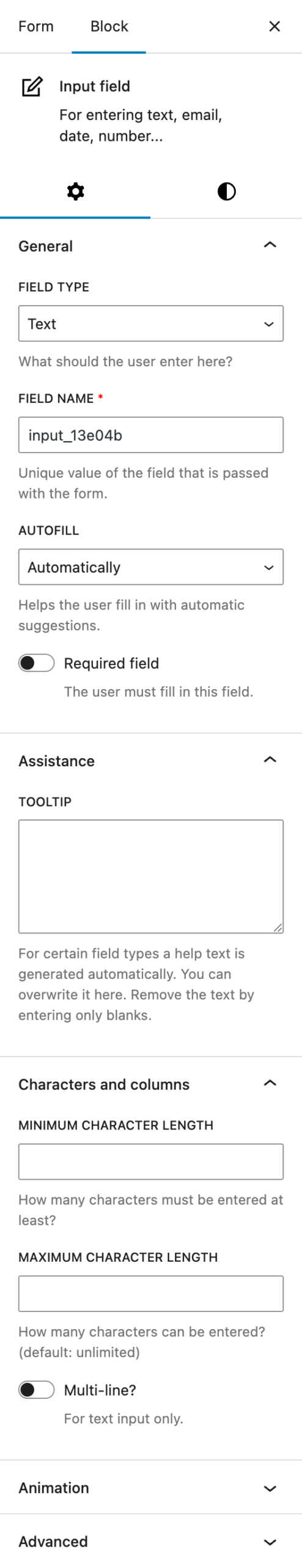 Screenshot of the Input field block Settings tab, explained in the following paragraphs.