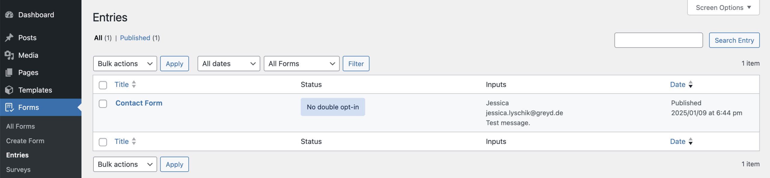 Screenshot of the Forms Entries page as described in the paragraphs above and below.