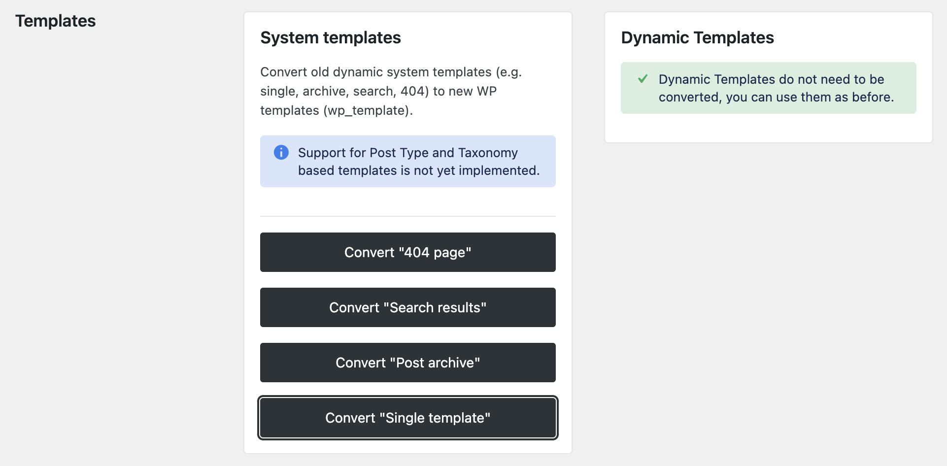 Screenshot of the templates section, explained in the following paragraphs.