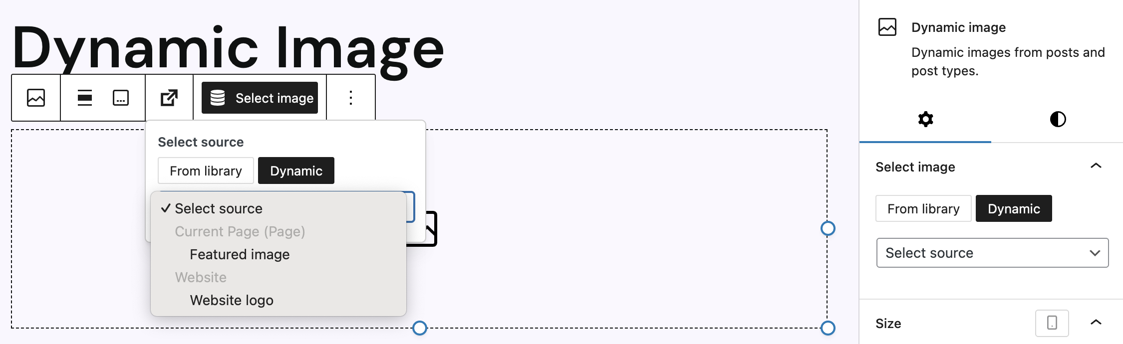Screenshot of Dymamic Image with expanded dropdown for selecting a source in the toolbar, explained in the previous paragraph.
