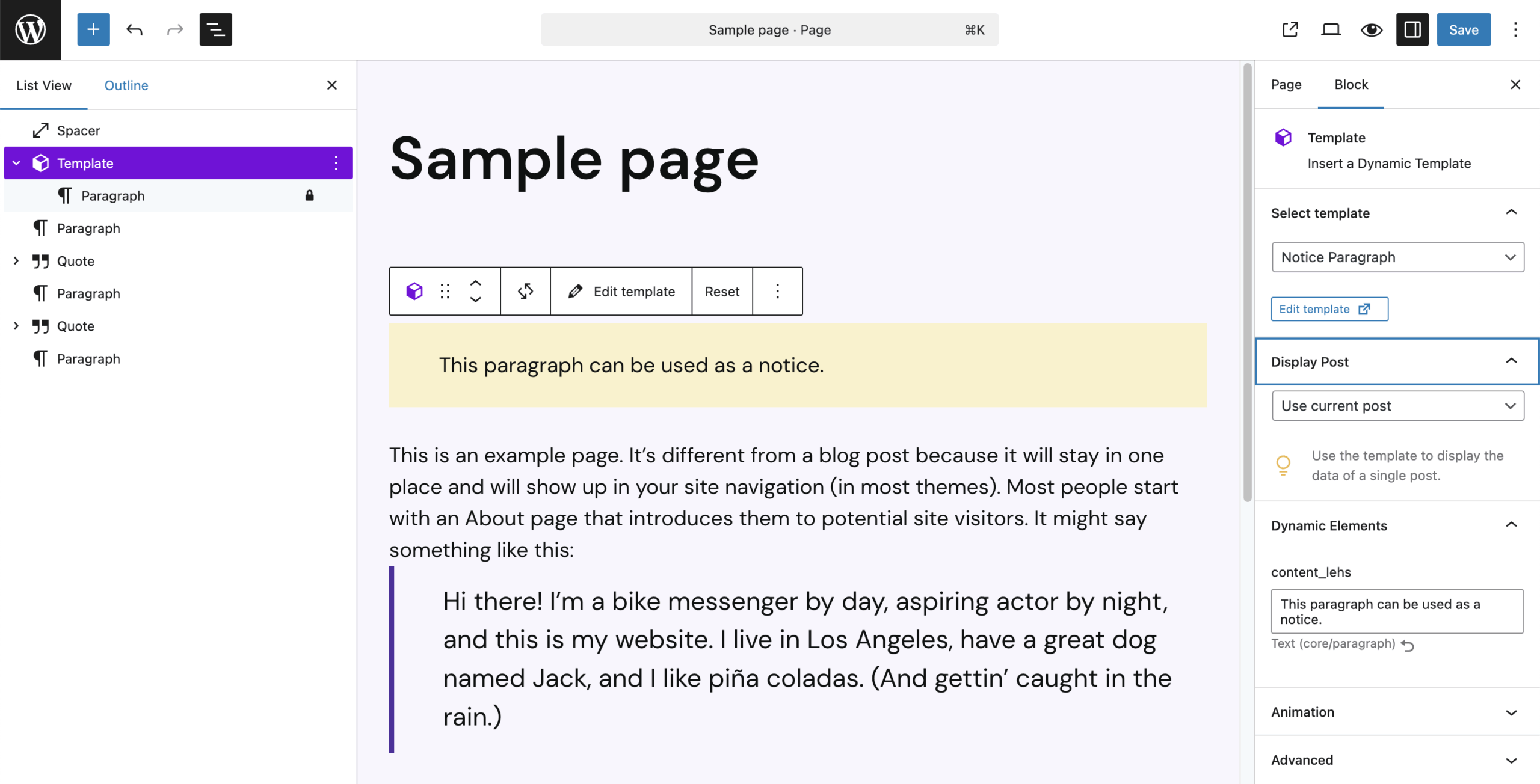 Screenshot of a sample Dynamic Template with its content rendered in the editor, as described in the previous paragraph