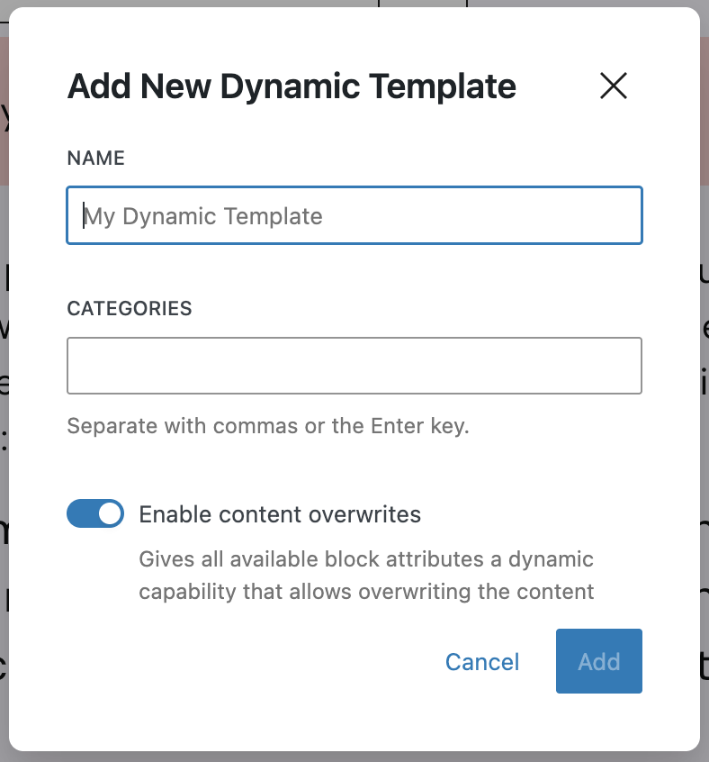 Screenshot of said modal to add the New Dynamic Template