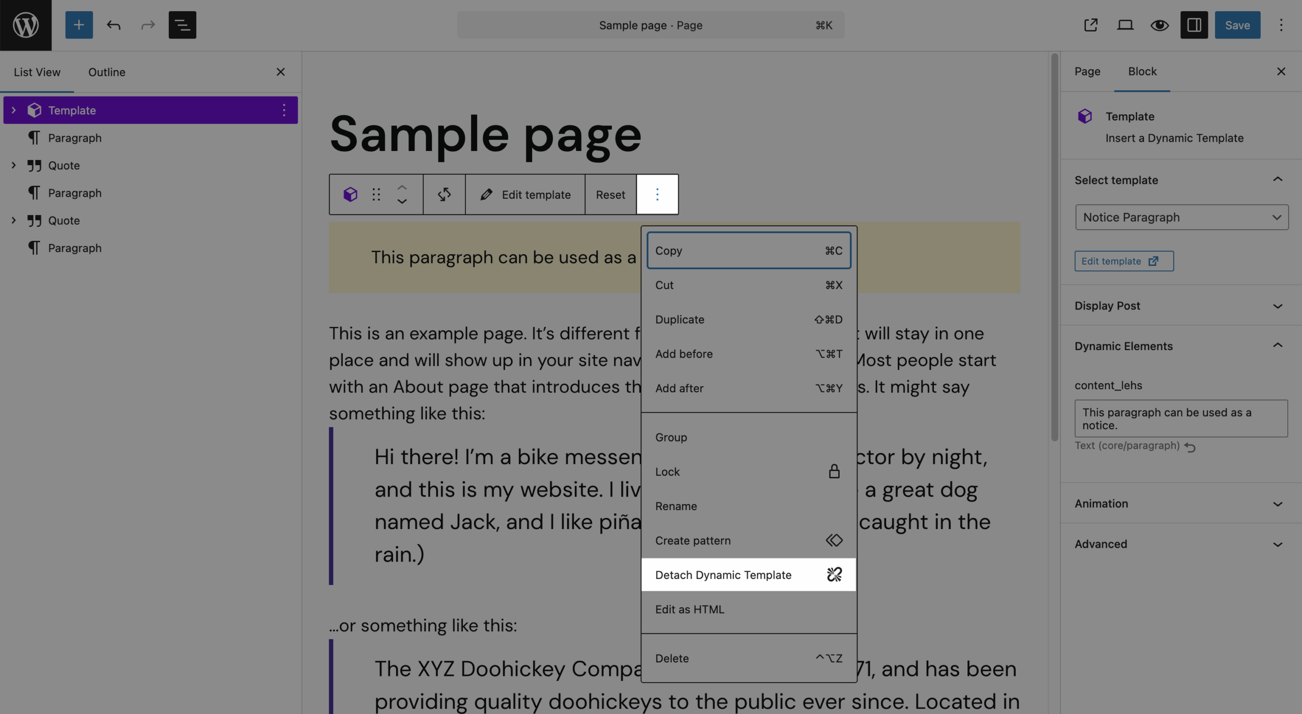 Screenshot highlighting the Detach Dynamic Template function in the context menu of the toolbar as stated in the previous paragraph