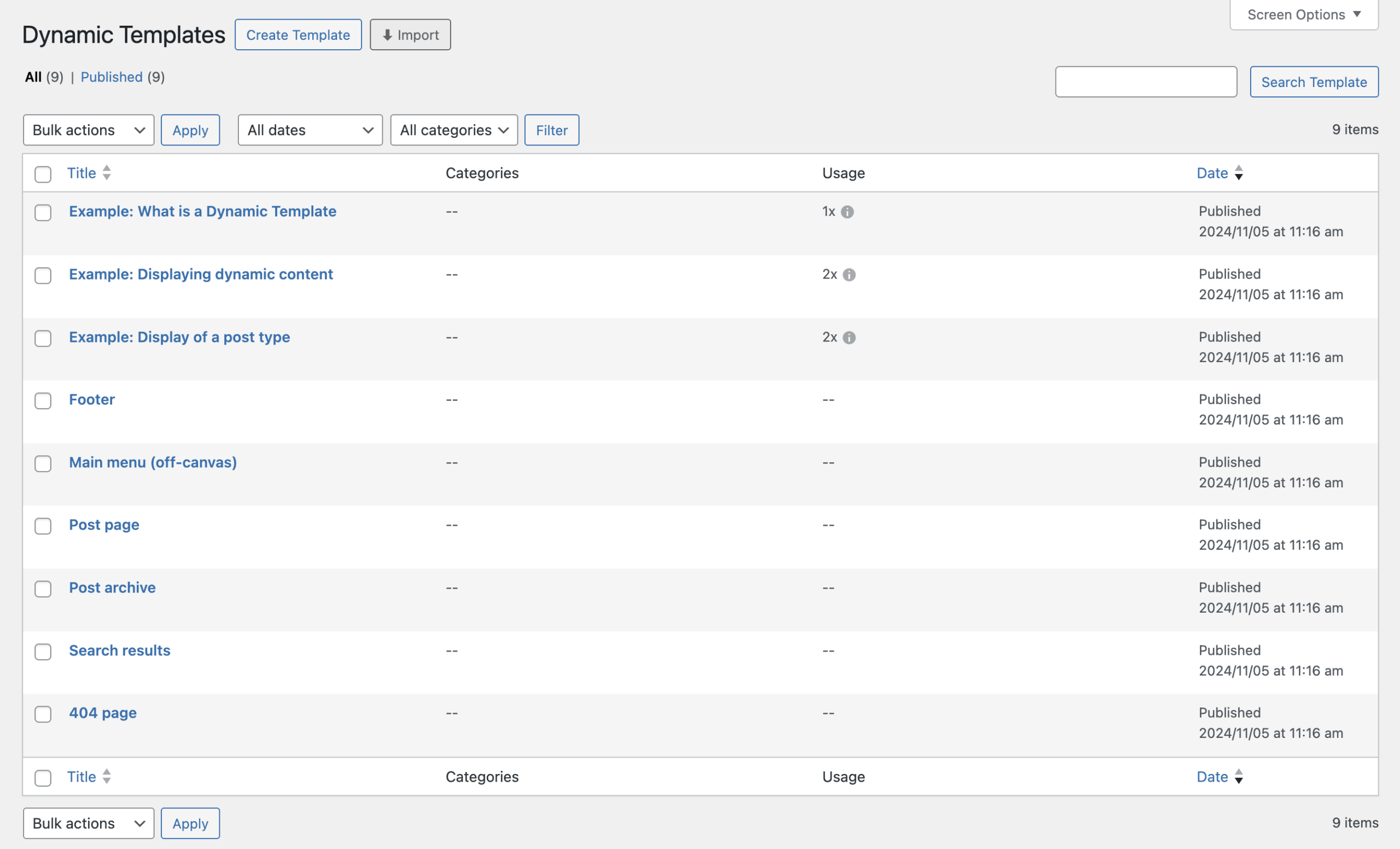 Screenshot of the Dynamic Templates page, explained in the paragraph below
