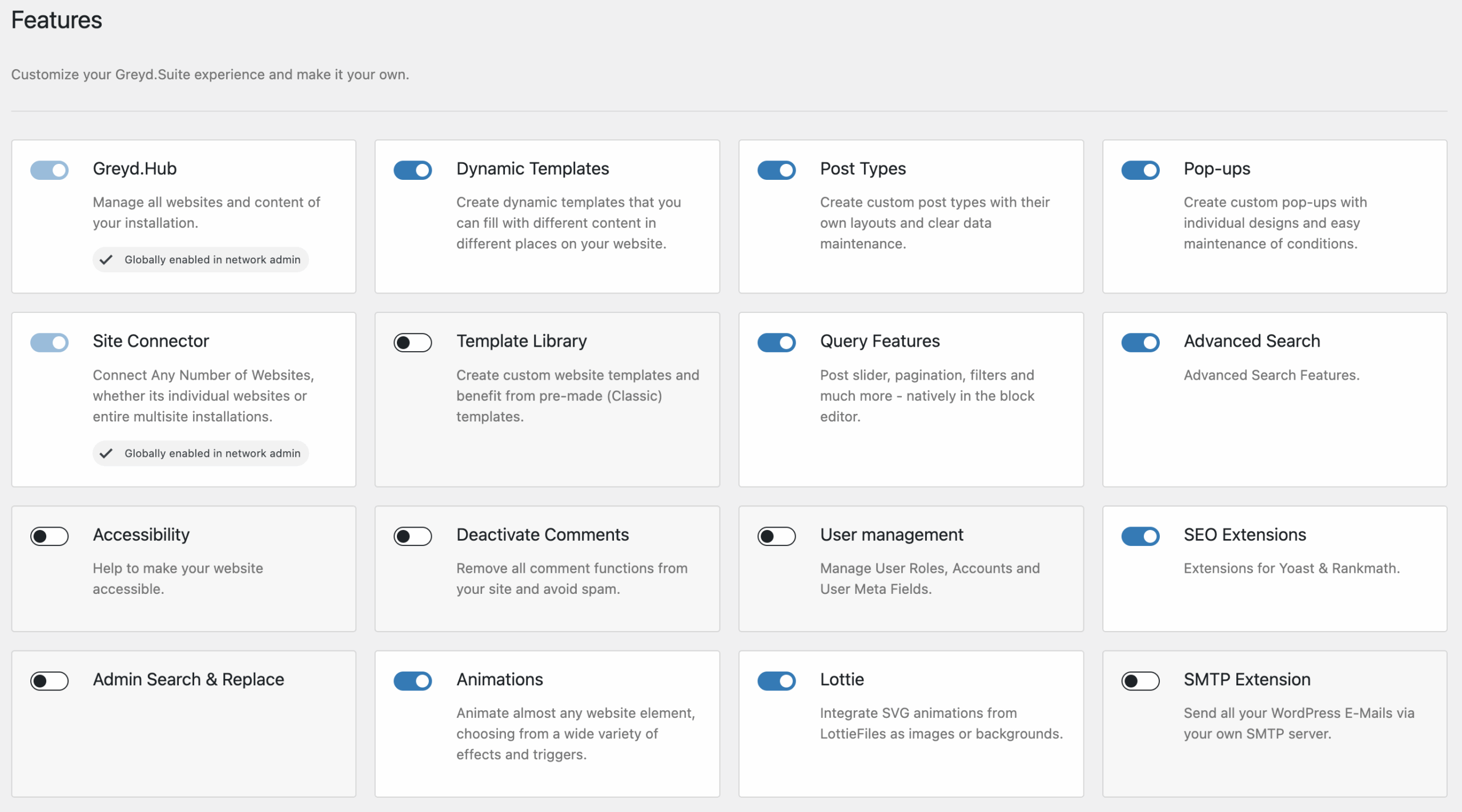 Screenshot of the Features page of the Greyd Plugin, explained in the paragraphs below.