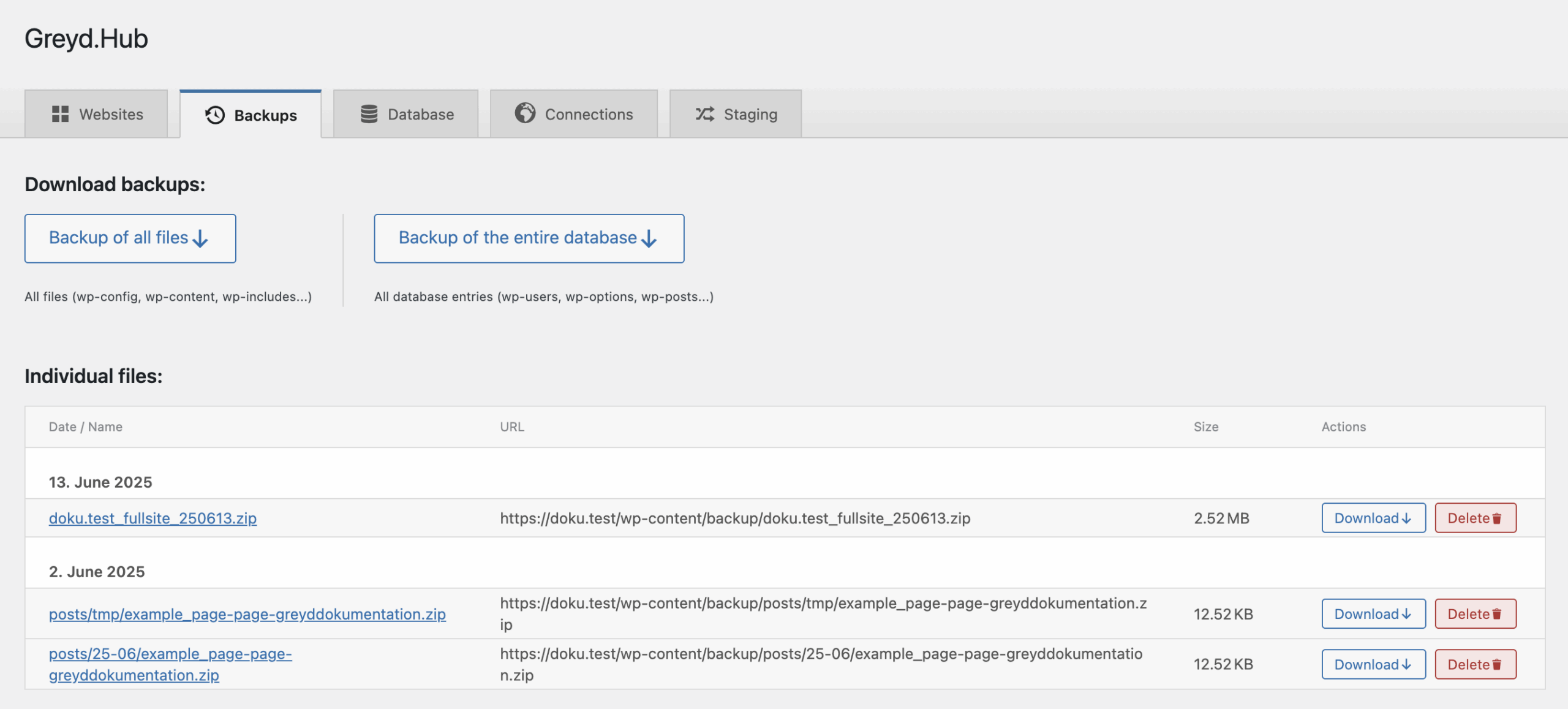 Screenshot of the Backups tab in the Greyd Hub, explained in the paragraphs below and after.