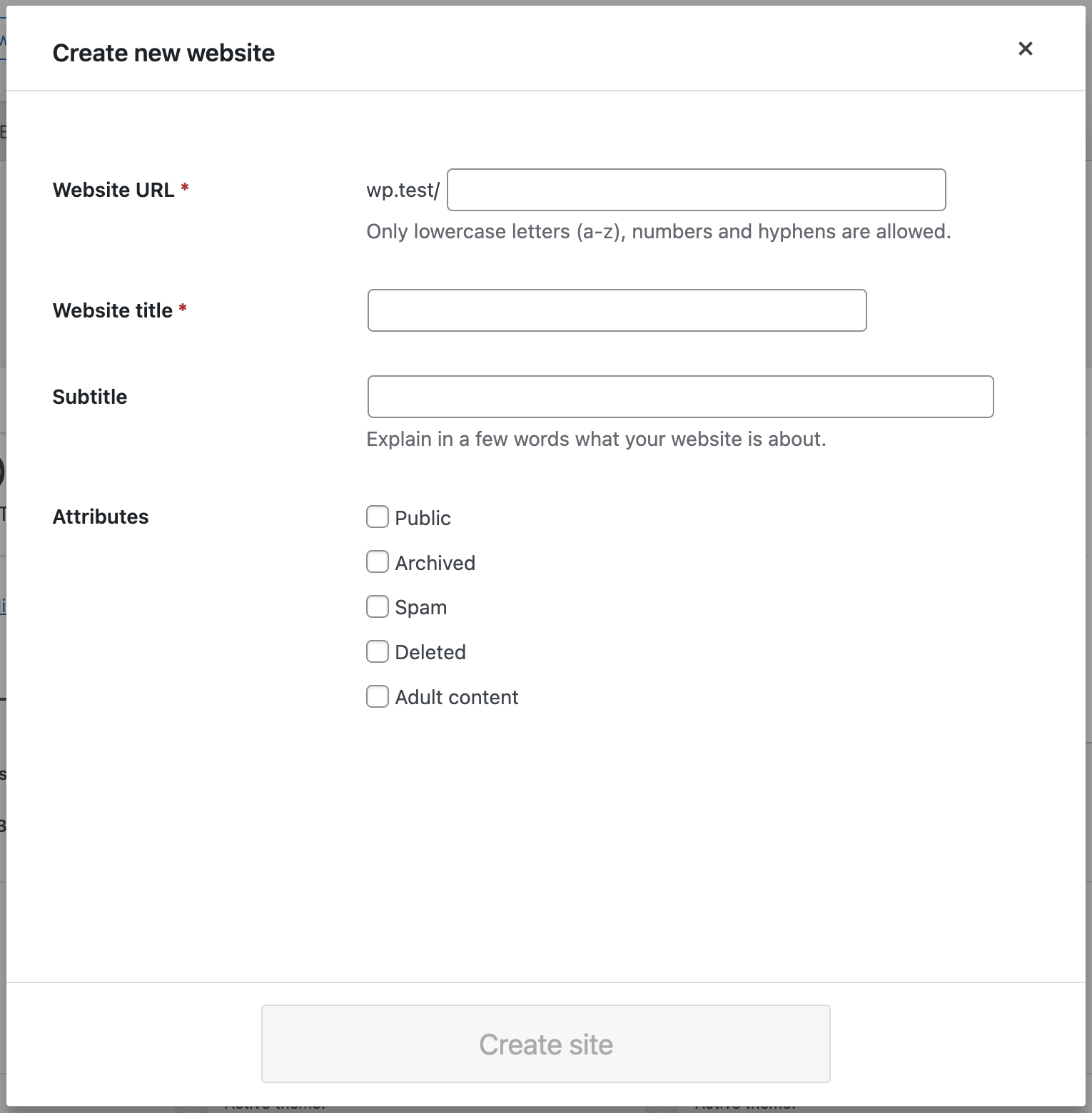 Screenshot of the Create a new website modal, further explained in the paragraphs before and after.
