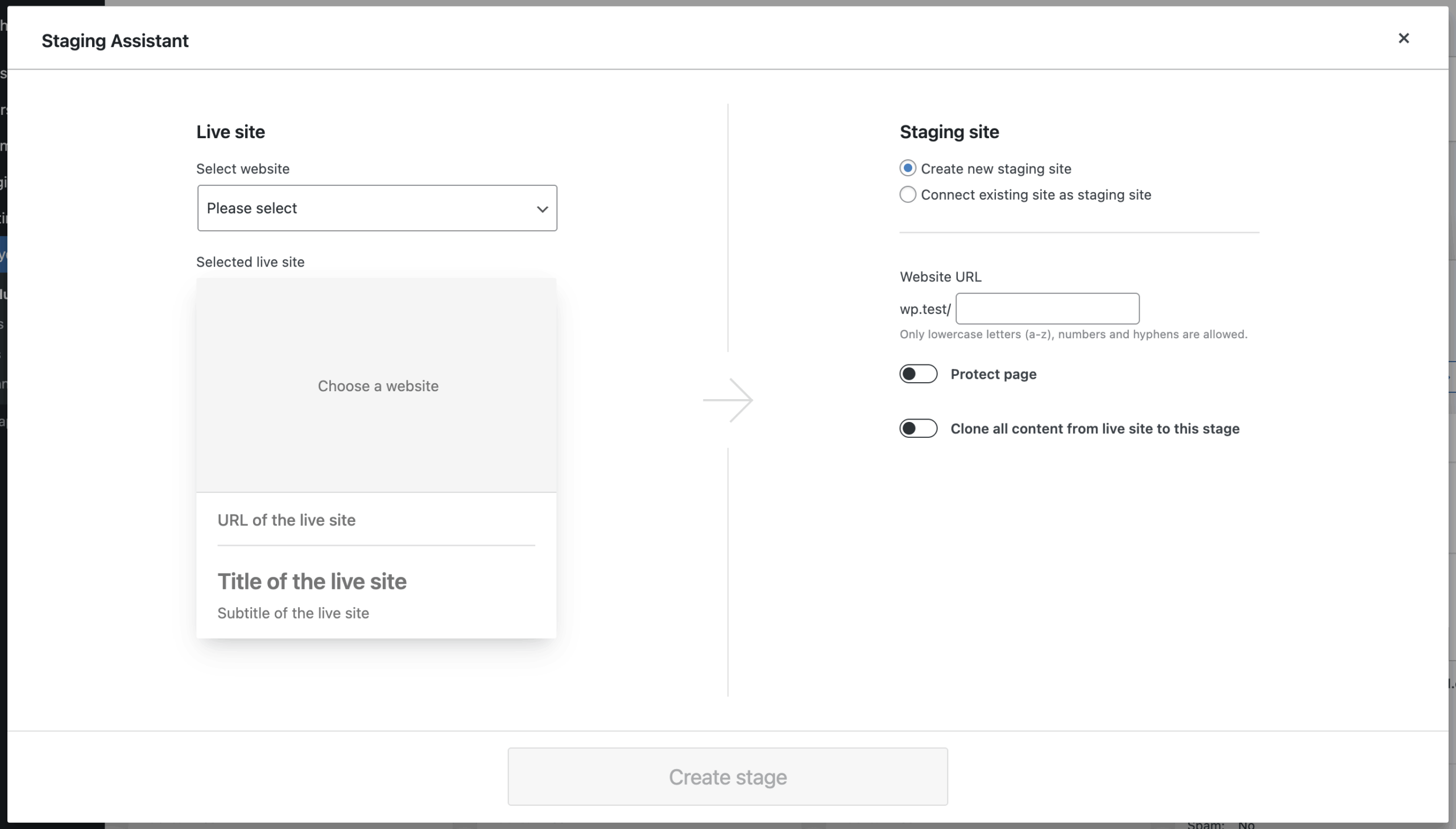 Screenshot of the Staging Assistant modal, explained in next paragraphs.