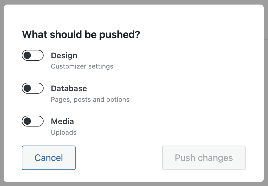 Screenshot of the Modal after pressing Push changes button, as explained in the paragraphs below.