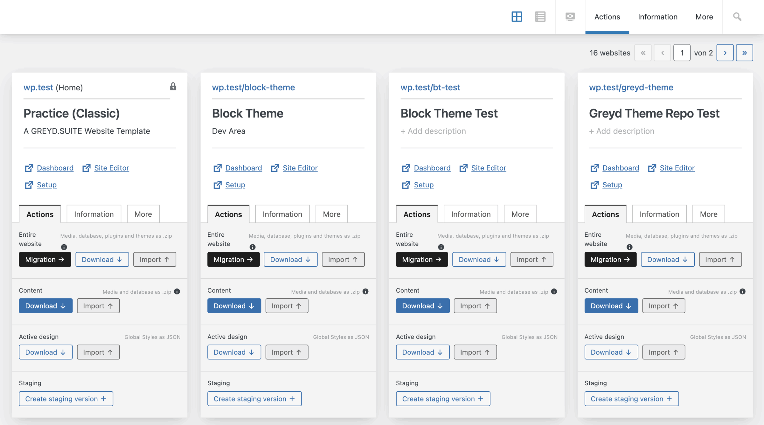 Screenshot of Website tiles with subtabs each, explained in the paragraphs before and after.