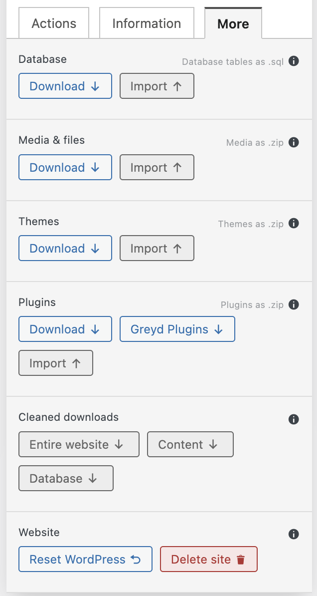 Screenshot of the More tab of a website tile, explained in the paragraphs below.