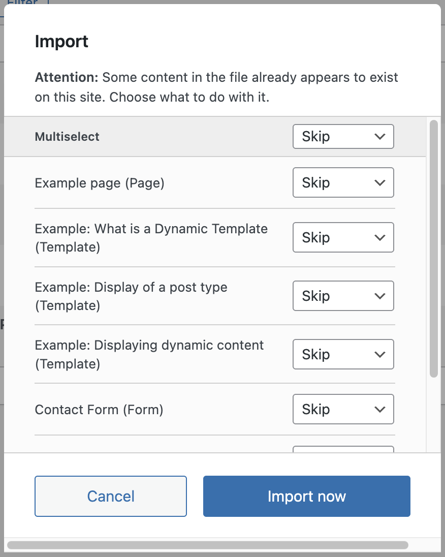 Screenshot of the Modal of importing a file with existing conflicts shown, explained in the following paragraph.