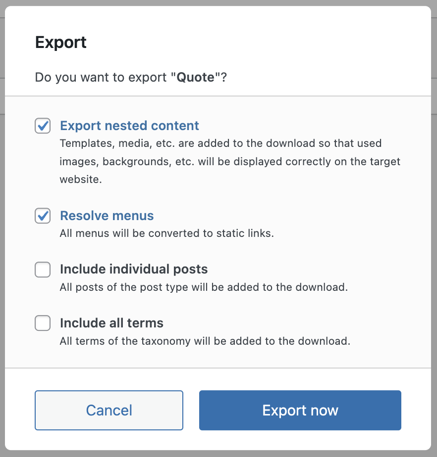 Screenshot of the Modal of exporting a post type with options to also export all individual posts and terms, explained in the following paragraphs.