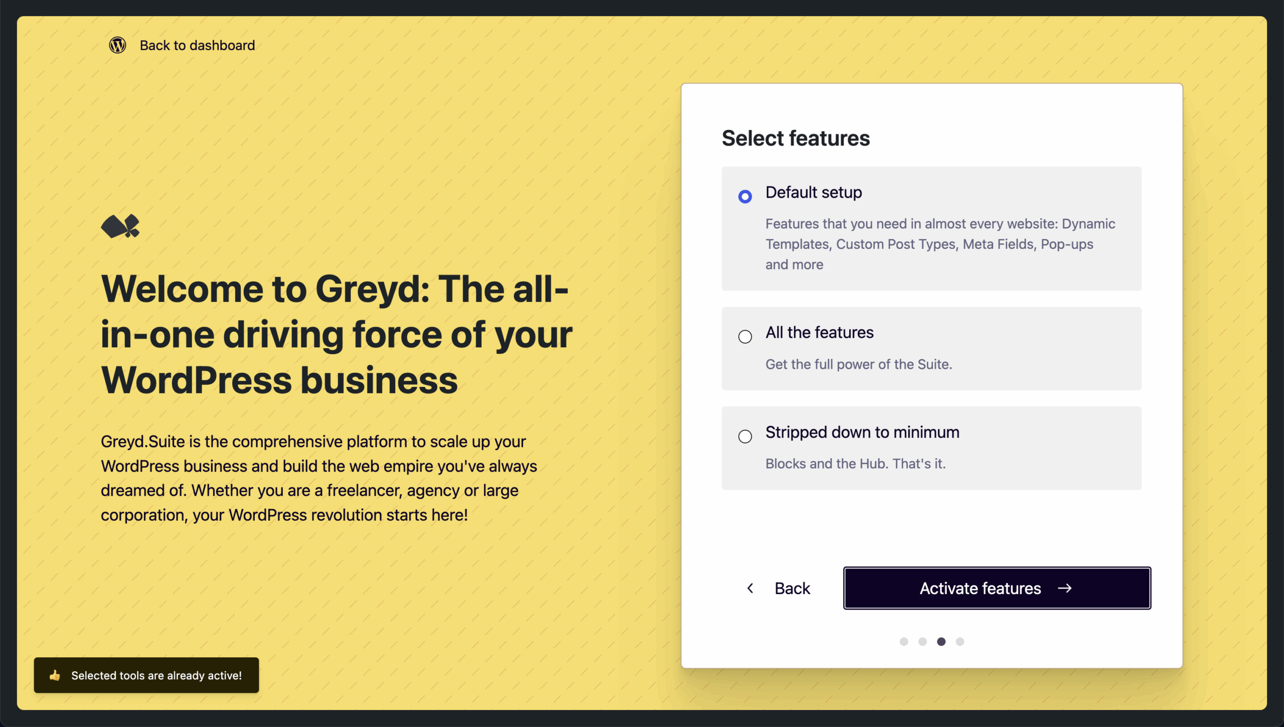 Screenshot of the Select features step with its options explained in the next paragraphs