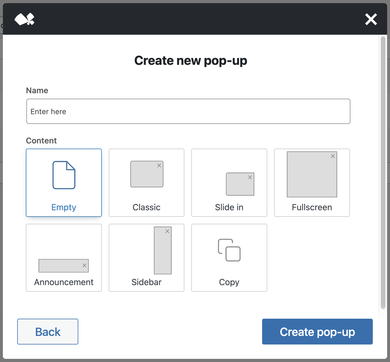 Screenshot of the new pop-up creation modal as described in the previous paragraph with explanations in the following paragraphs
