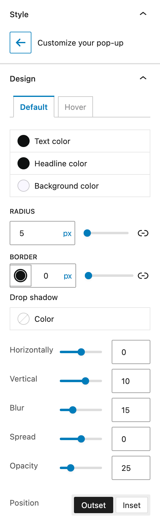 Screenshot of the Pop-up design sidebar settings, explained in the following paragraphs.