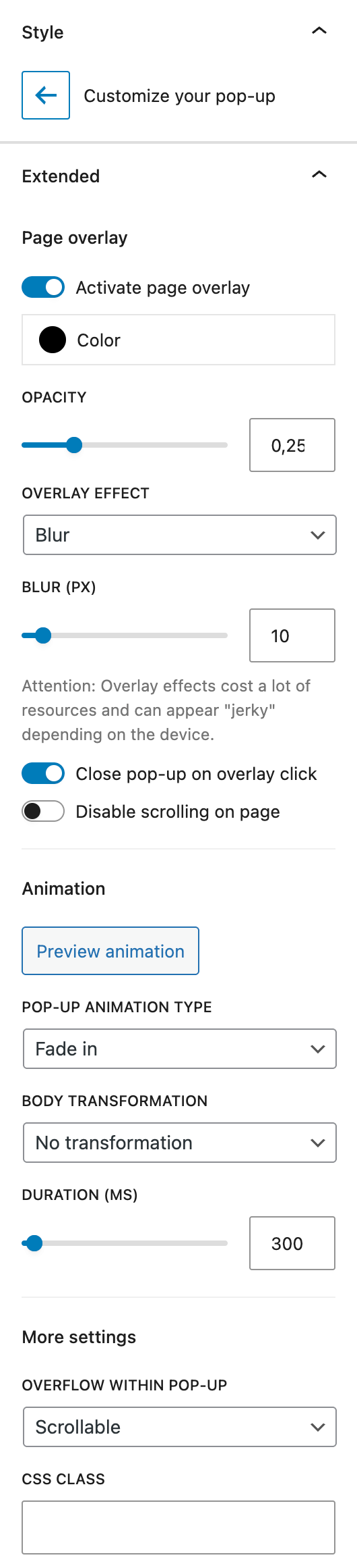 Screenshot of the Pop-up extended sidebar settings, explained in the following paragraphs.