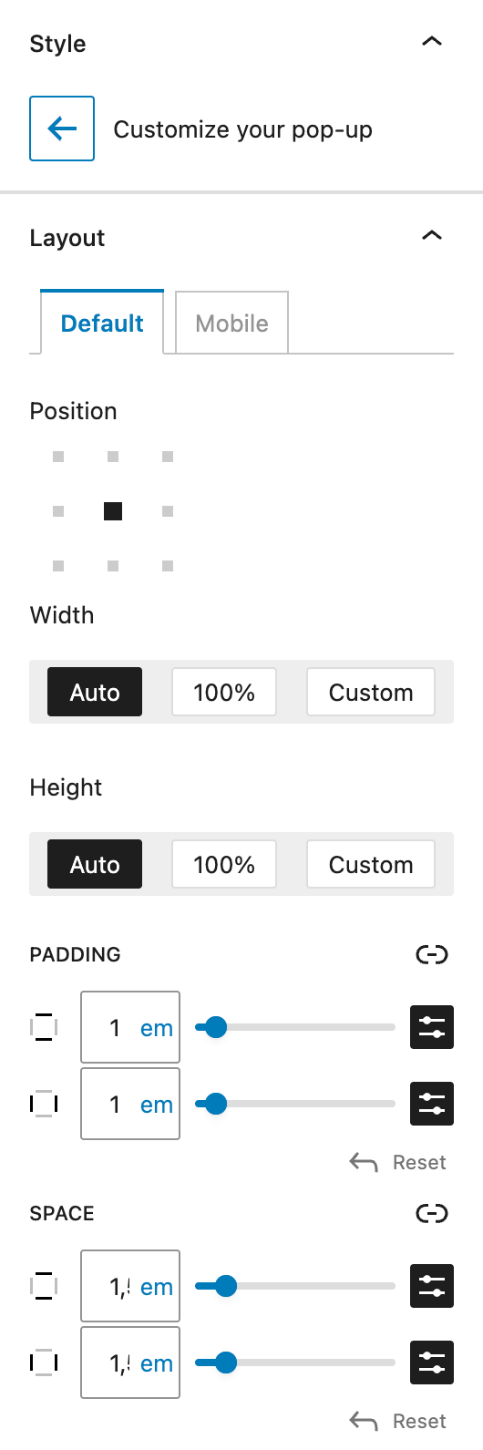 Screenshot of the Pop-up layout sidebar settings, explained in the following paragraphs.
