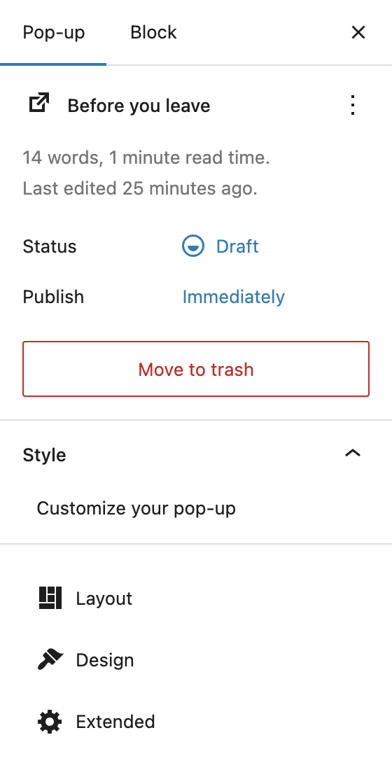 Screenshot of the Pop-up style sidebar settings, explained in the following paragraphs.