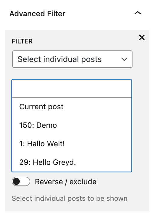 Screenshot of the Individual Posts selection option with expanded dropdown menu, explained in the following paragraph.