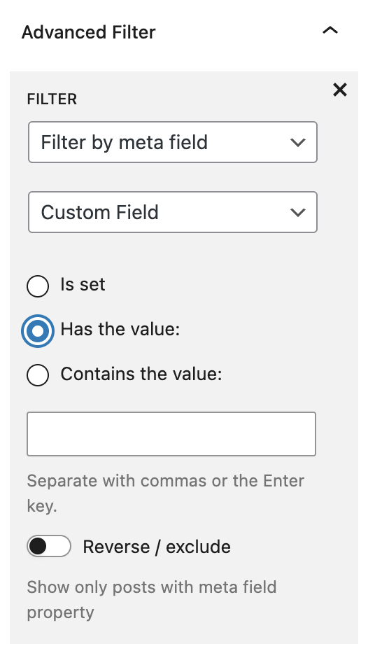 Screenshot of the Meta field filter option with various options, explained in the following paragraph.