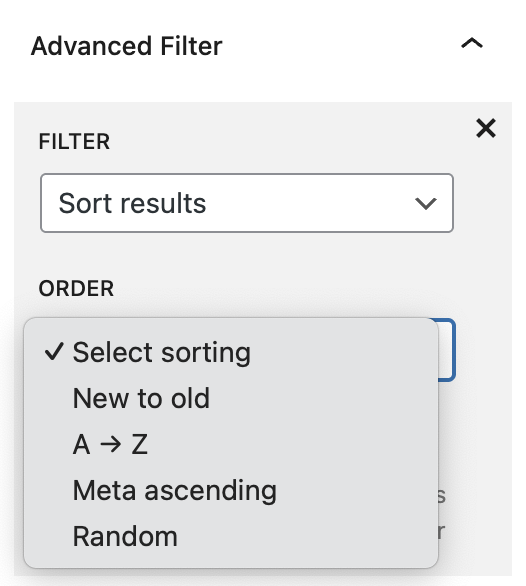 Screenshot of the Sort results filter with sorting order options shown in the expanded dropdown menu, explained in the following paragraph.