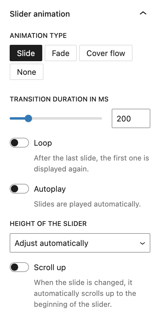 Screenshot of the Slider animation configuration settings panel with its various options, explained in the following paragraphs.