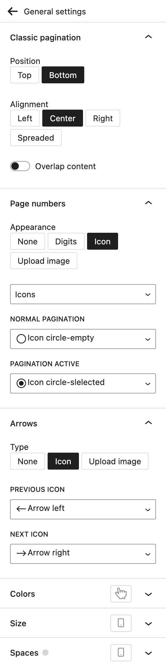 Screenshot of the Pagination configuration settings panel with its various options, explained in the following paragraphs.