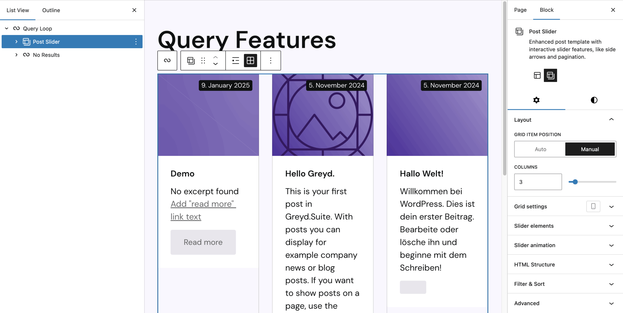 Screenshot of the Post slider block with its block toolbar and sidebar
