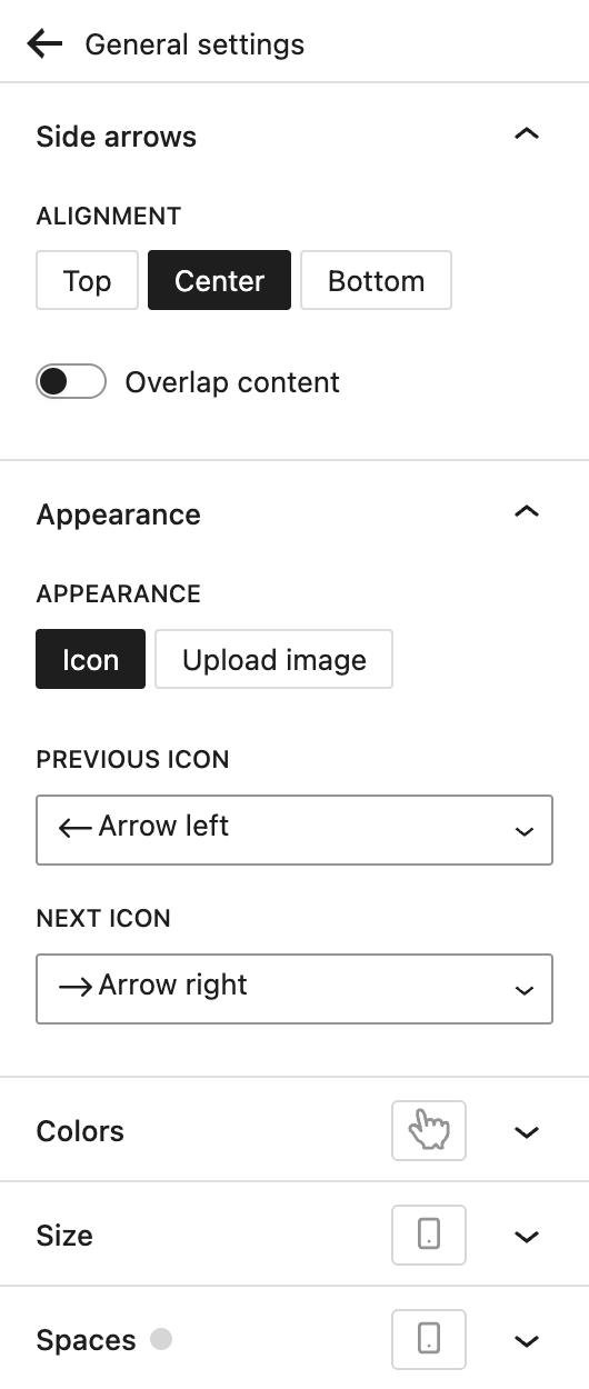Screenshot of the Arrows configuration settings panel with its various options, explained in the following paragraphs.