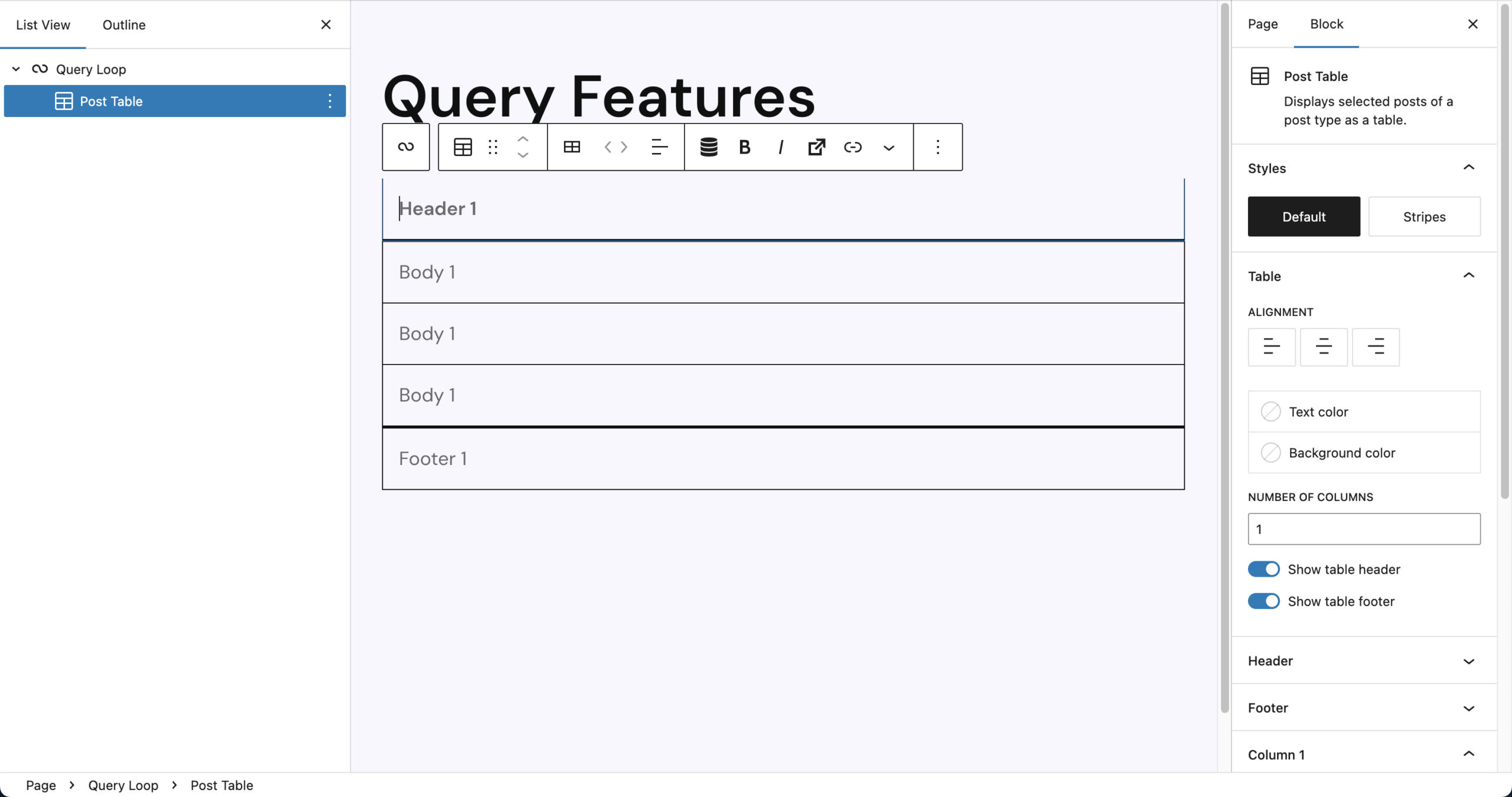 Screenshot of Post Table Block in editor with toolbar and sidebar as described in previous paragraph.