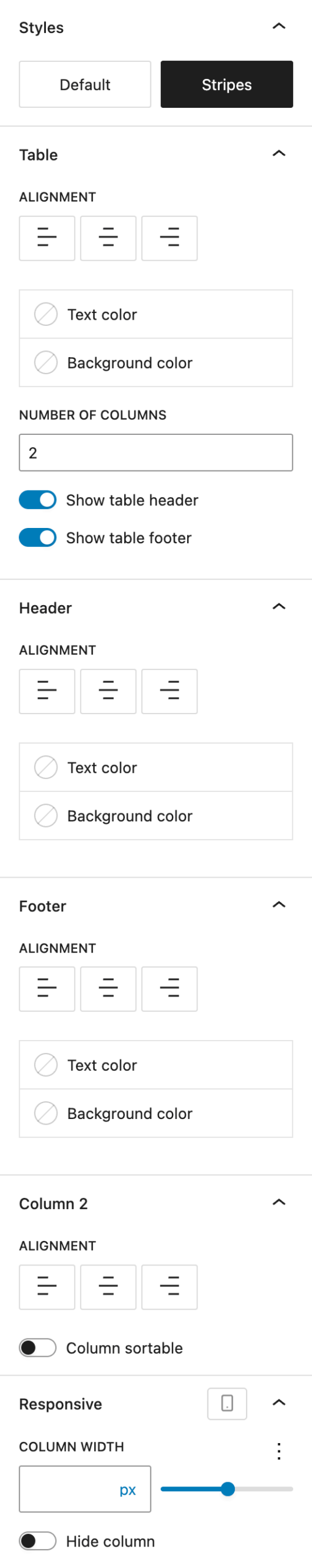 Screenshot of the Settings Panel of the Post Table block, explained in the following paragraphs.