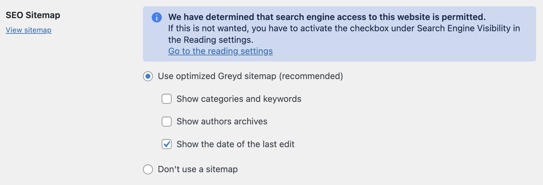 Screenshot of the SEO sitemap, further explained in the following paragraphs