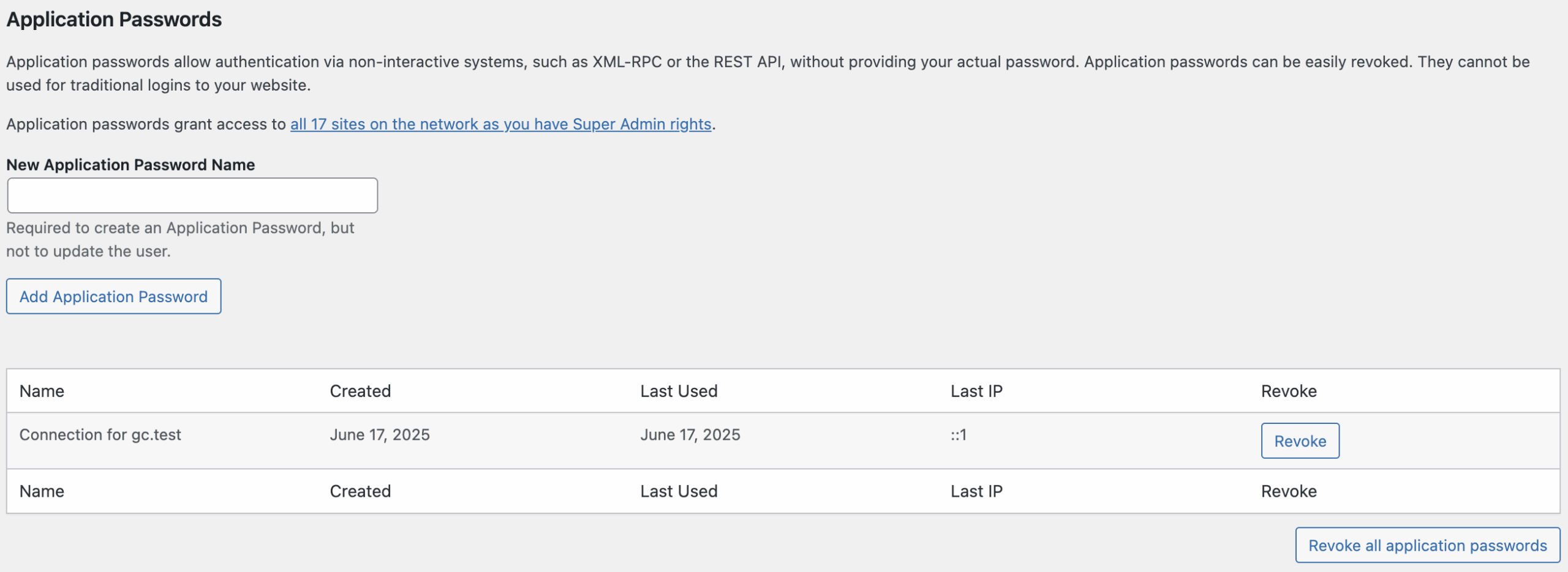 Screenshot of Application Passwords management page, explained in the paragraphs before and after.