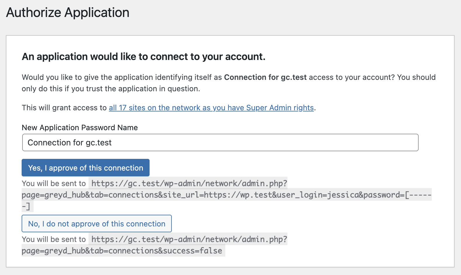 Screenshot of Application authorization showing that connection request was made