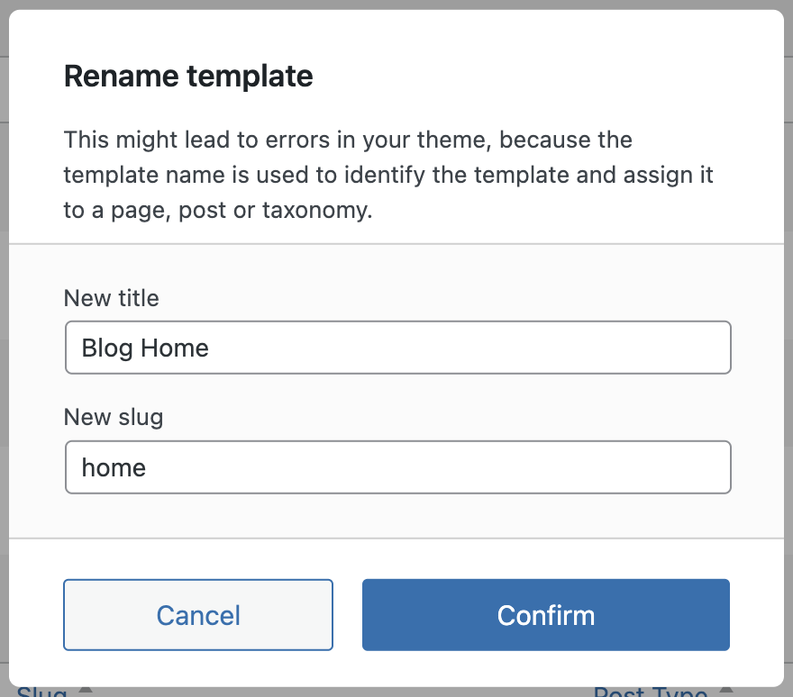 Screenshot of the rename template modal, explained in the paragraphs before.