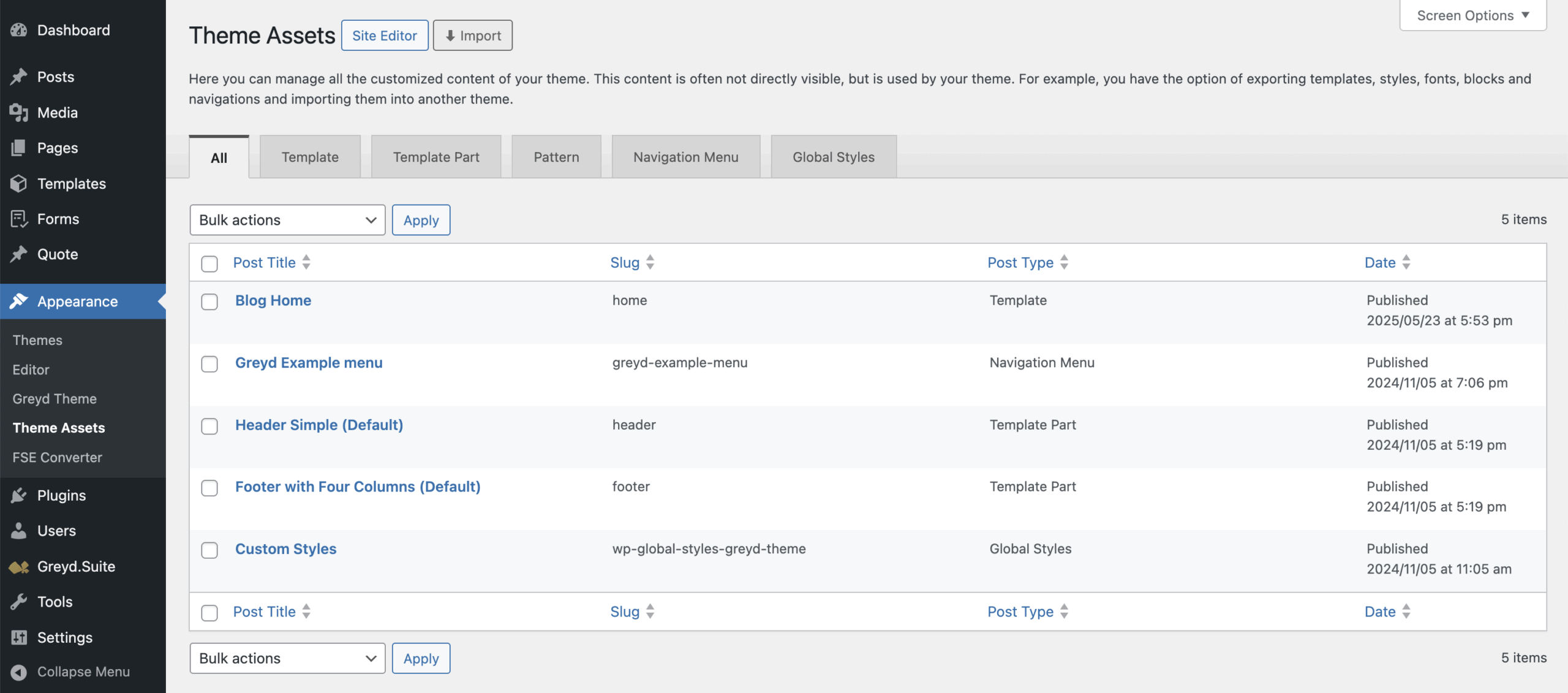 Screenshot of the Theme Assets Screen, explained in the paragraphs before and after.