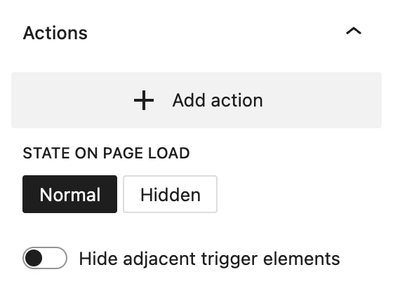 Screenshot of the Actions panel to configure a Trigger event in the sidebar at a Group or Content Box block, explained in the following paragraphs.
