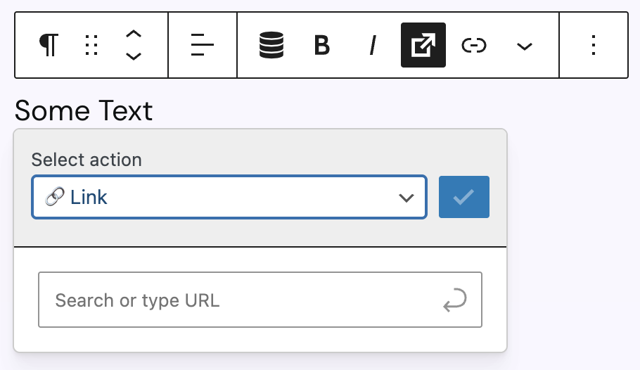 Screenshot of a Link icon button in block toolbar with its modal, explained in the following paragraphs.