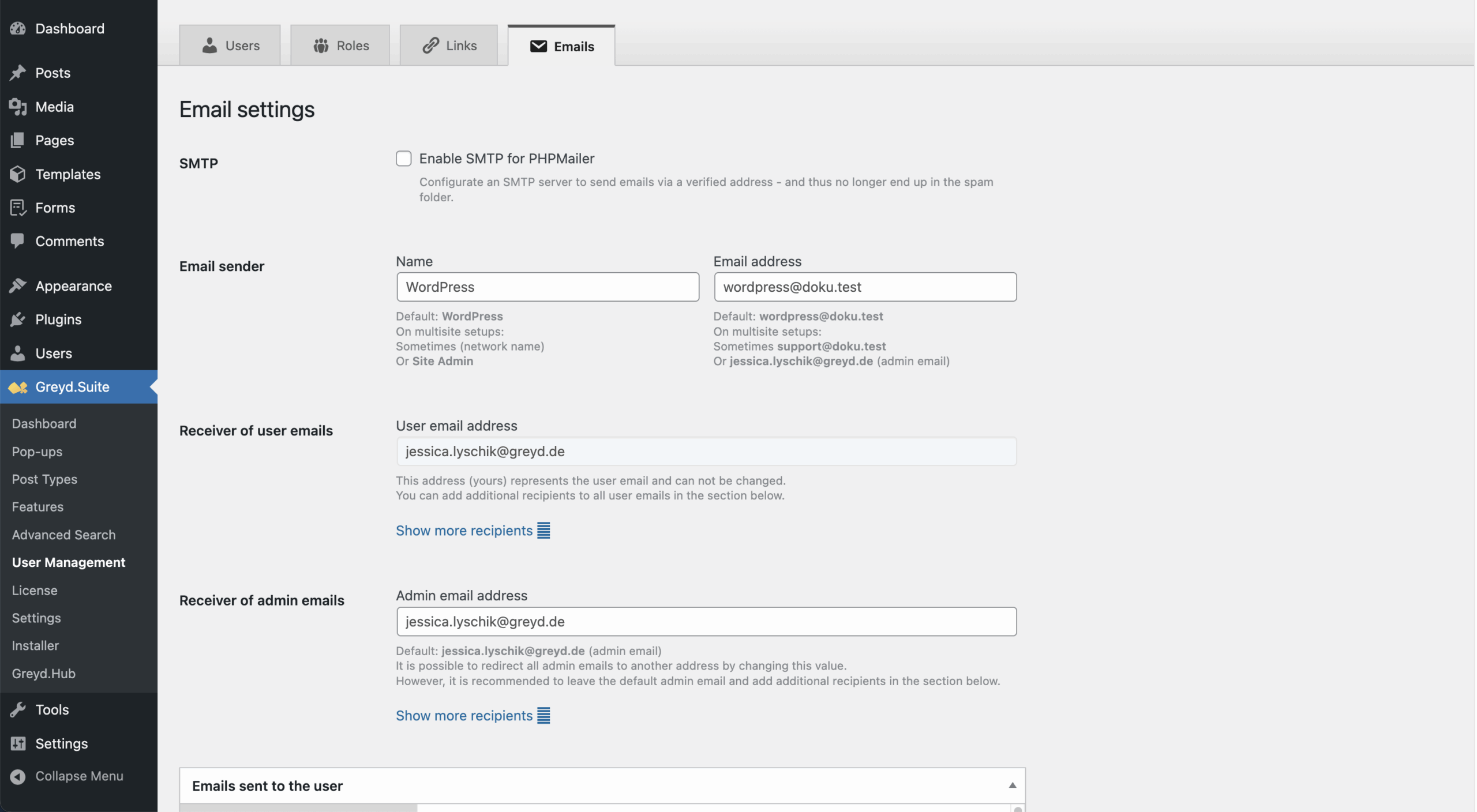 Screenshot of the Emails Tab of the User Management page, explained in the paragraphs before.