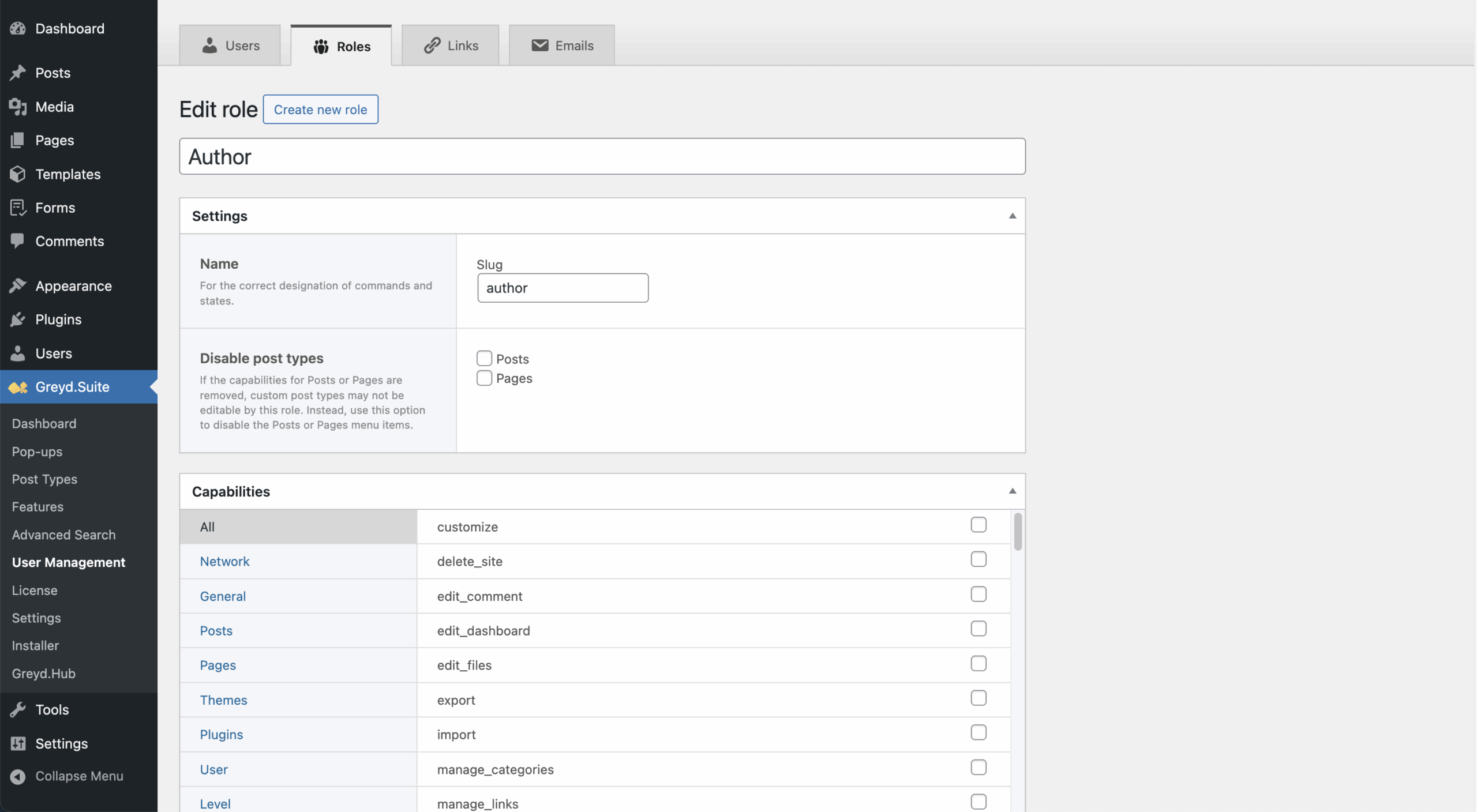 Screenshot of the Roles Tab of the User Management page, explained in the paragraphs before and after.