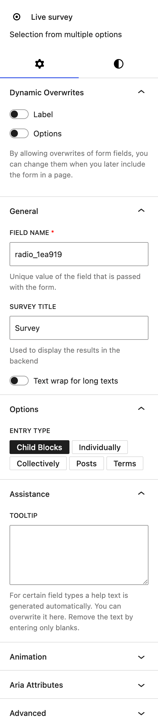 Screenshot of the Settings tab of Live survey block, explained in the following paragraphs.