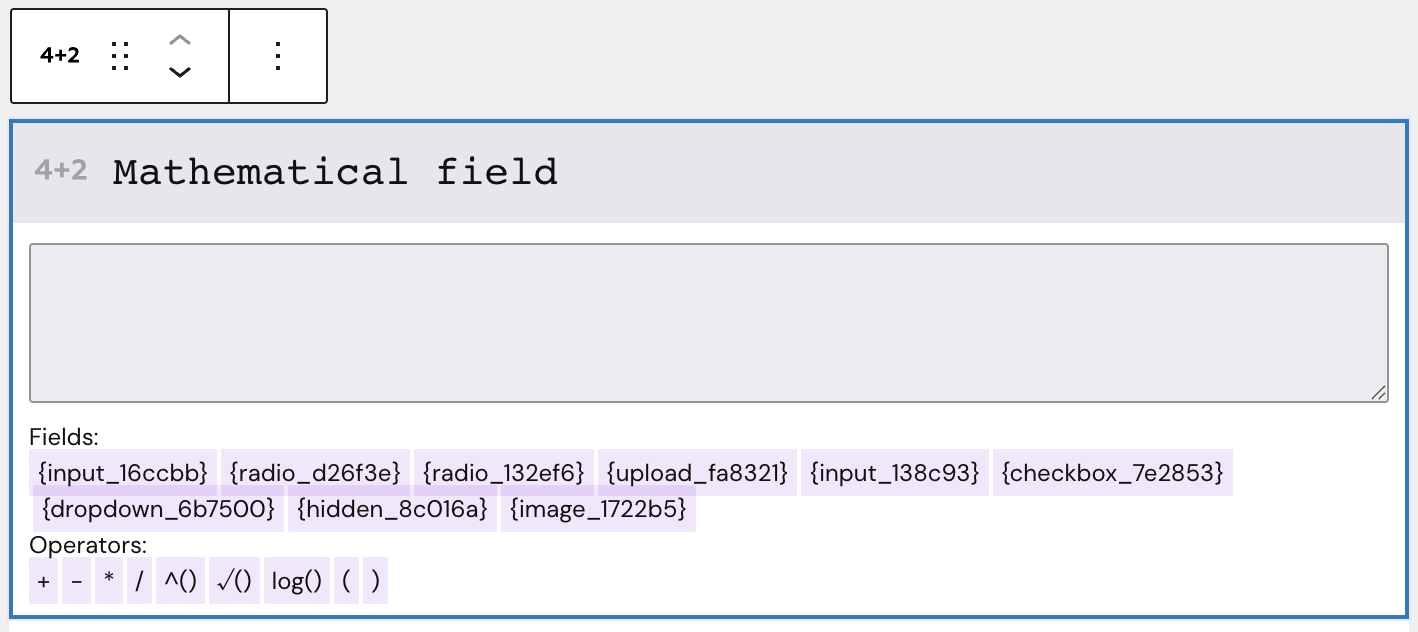 Screenshot of Mathematical field Block with its form fields and mathematical operators.
