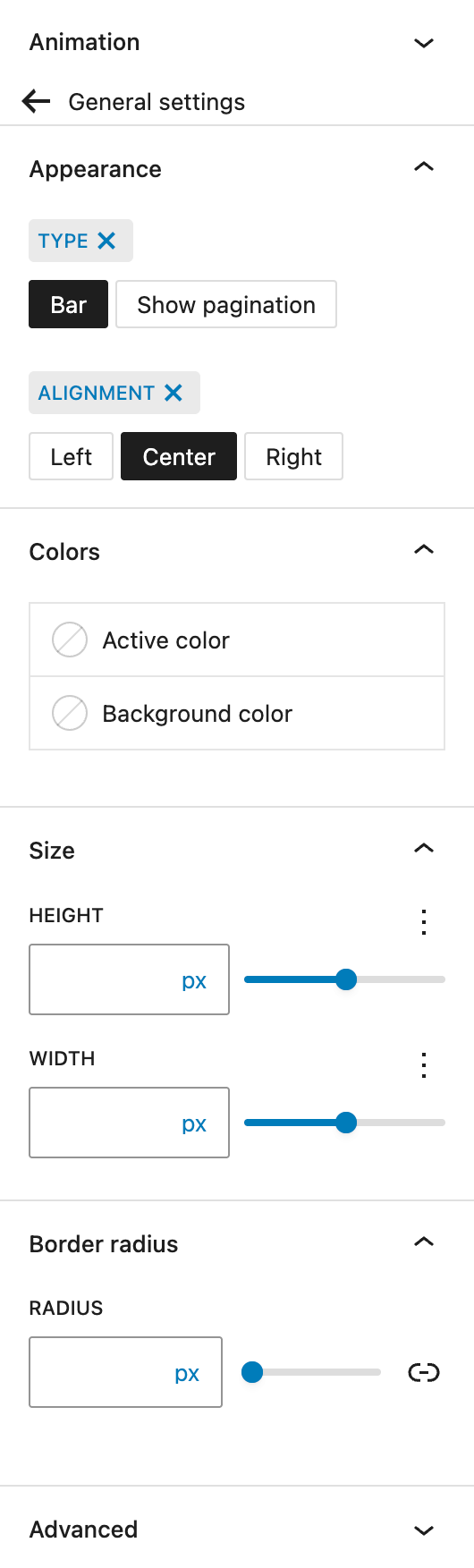 Screenshot of the Multistep container Progress Bar settings, explained in the following paragraphs.
