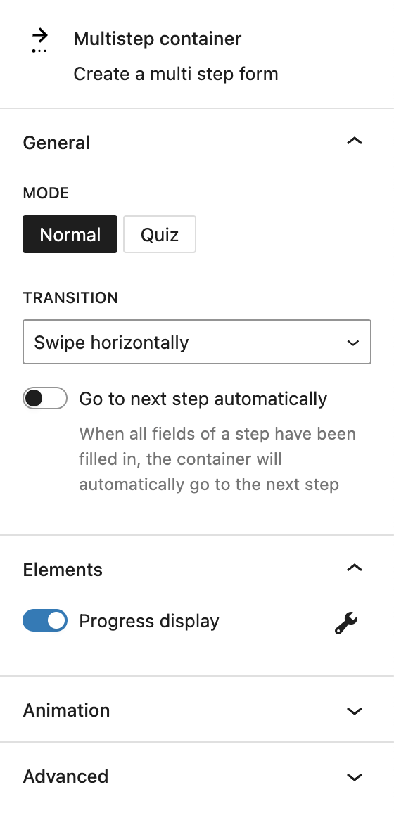 Screenshot of the Multistep container block Settings tab, explained in the following paragraphs.