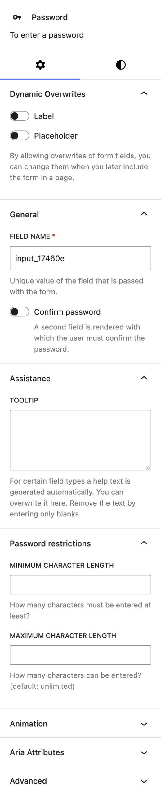 Screenshot of the Settings tab of Password block, explained in the following paragraphs.